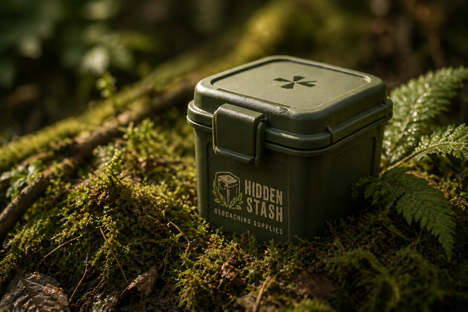 Branded green geocache container nestled in moss and ferns